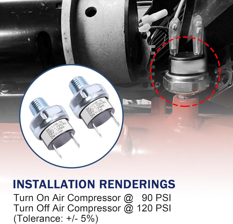 LDMINDA Pair of Air Pressure Switch 90-120 PSI Tank Mount Thread 1/4" NPT 12V/24V DC Air Compressor Air Train Horn Switch 90-120 1/4 inch - Image 5